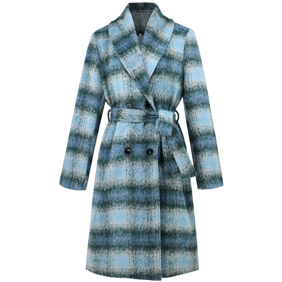 Plaid Tie Waist Long Sleeve Coat Apparel and Accessories