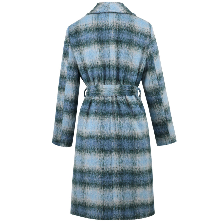 Plaid Tie Waist Long Sleeve Coat Apparel and Accessories