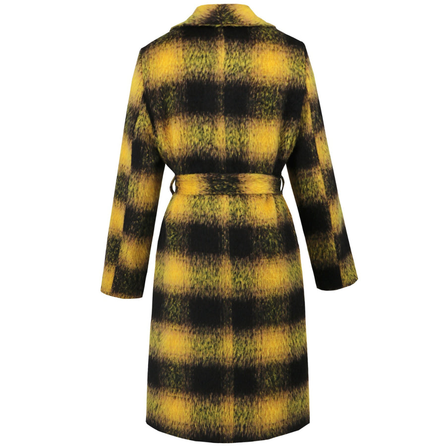 Plaid Tie Waist Long Sleeve Coat Apparel and Accessories