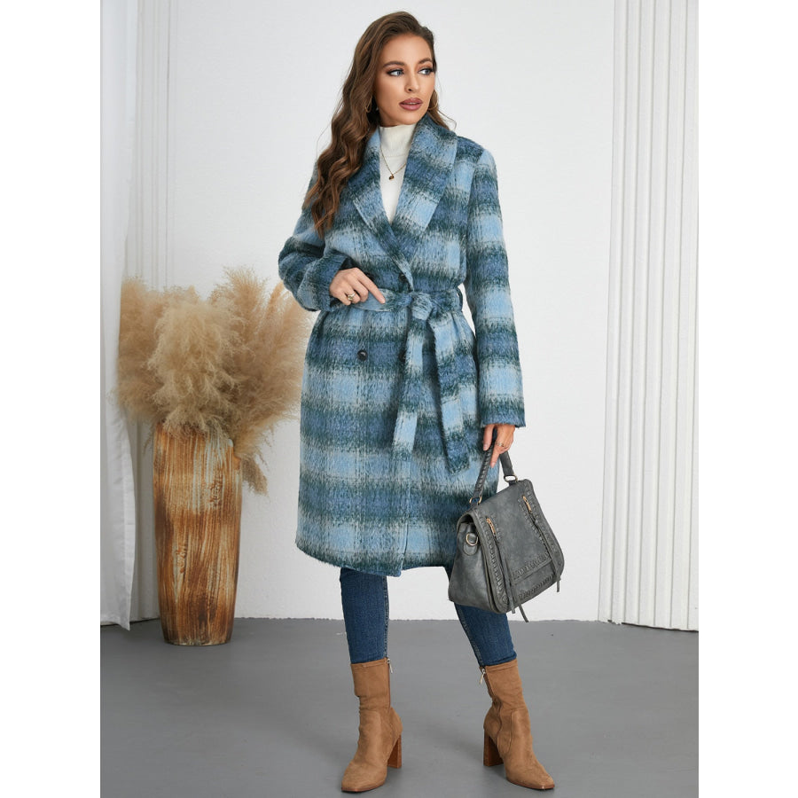 Plaid Tie Waist Long Sleeve Coat Light Blue / S Apparel and Accessories