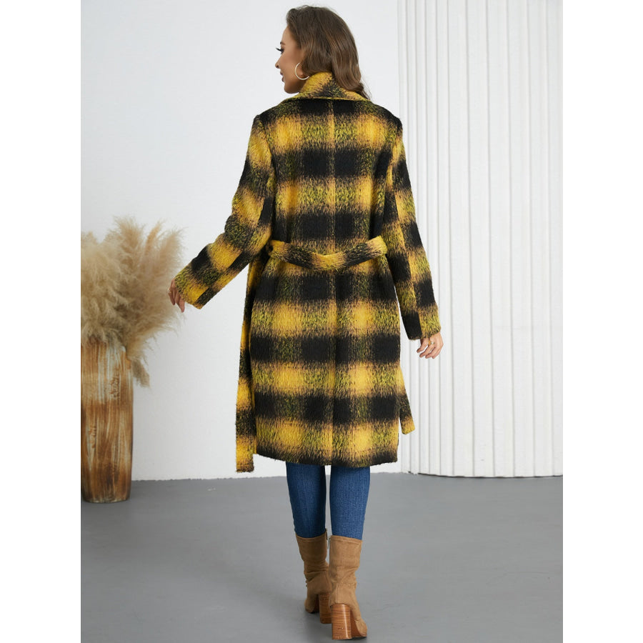 Plaid Tie Waist Long Sleeve Coat Yellow / S Apparel and Accessories