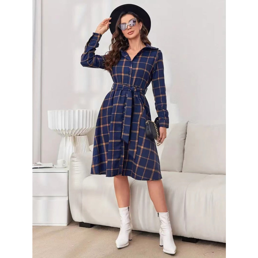 Plaid Tie Waist Long Sleeve Dress Apparel and Accessories