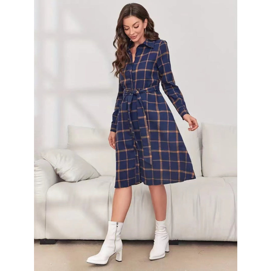 Plaid Tie Waist Long Sleeve Dress Apparel and Accessories