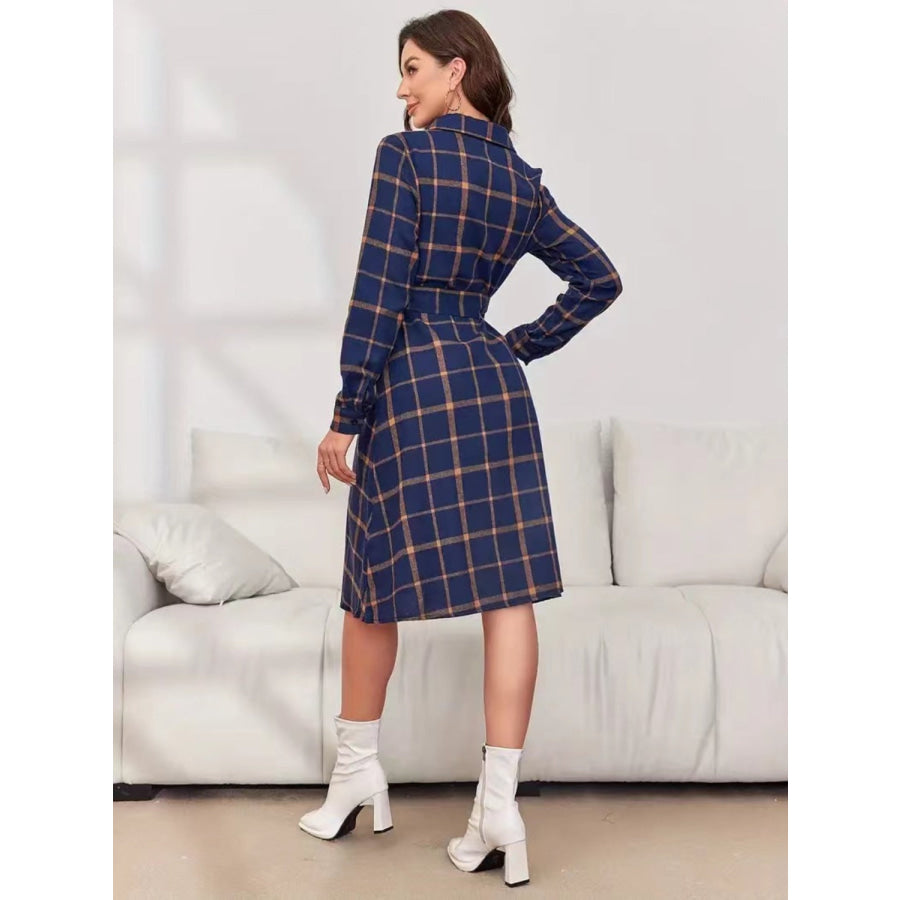 Plaid Tie Waist Long Sleeve Dress Apparel and Accessories