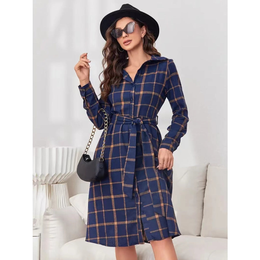 Plaid Tie Waist Long Sleeve Dress Navy / S Apparel and Accessories