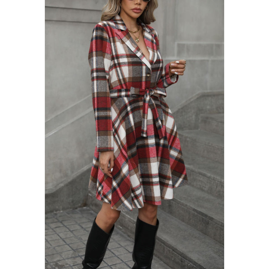 Plaid Tie Waist Long Sleeve Outerwear Apparel and Accessories