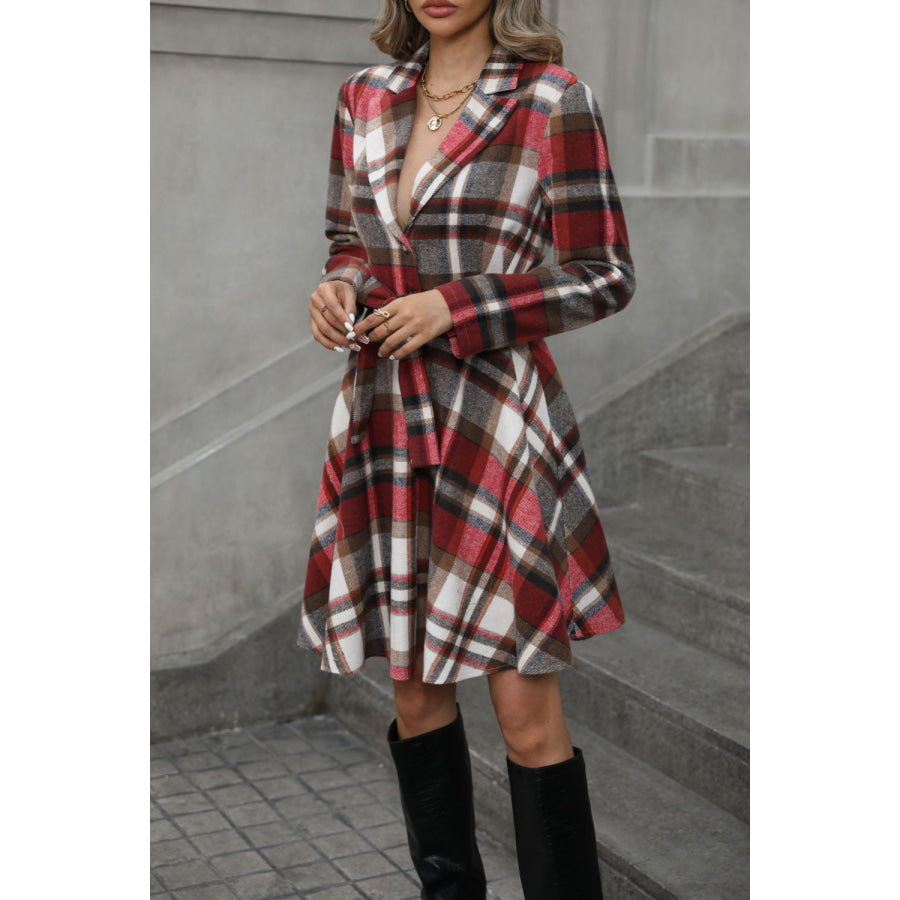 Plaid Tie Waist Long Sleeve Outerwear Apparel and Accessories