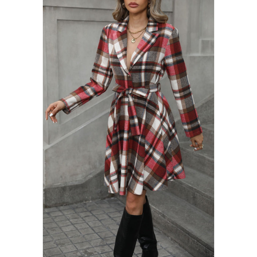 Plaid Tie Waist Long Sleeve Outerwear Apparel and Accessories