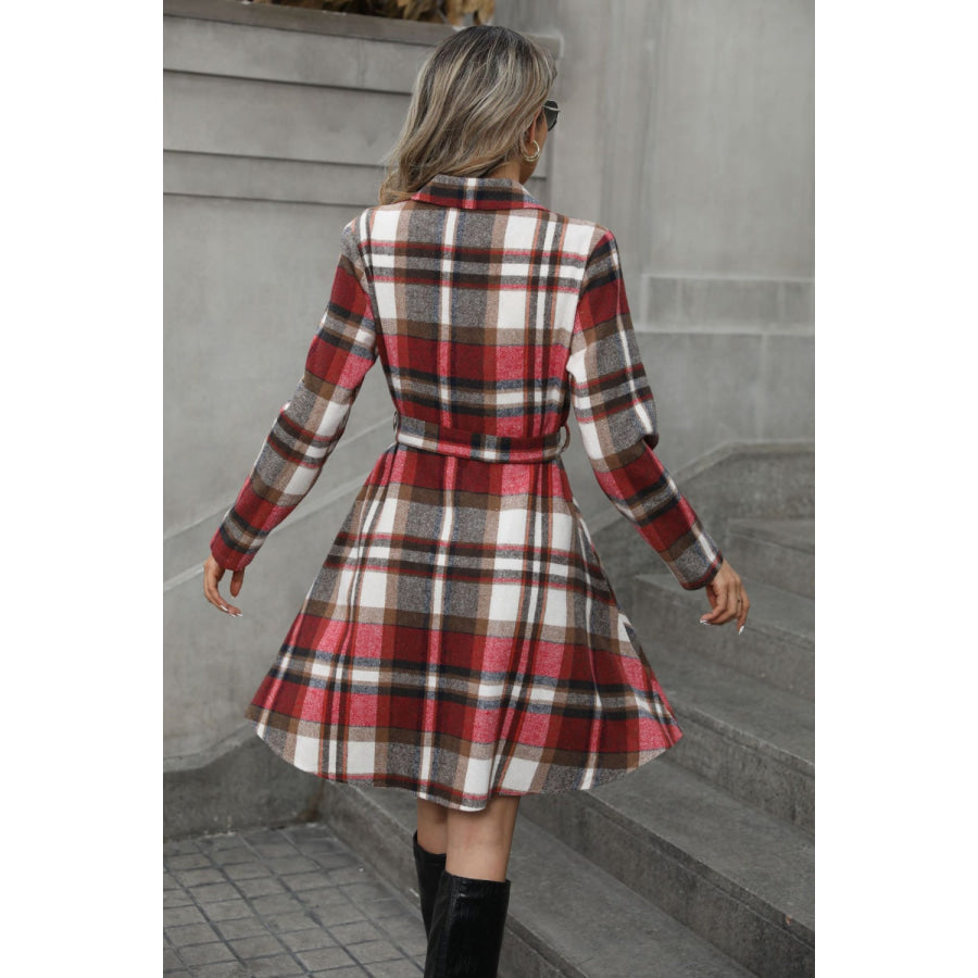 Plaid Tie Waist Long Sleeve Outerwear Apparel and Accessories