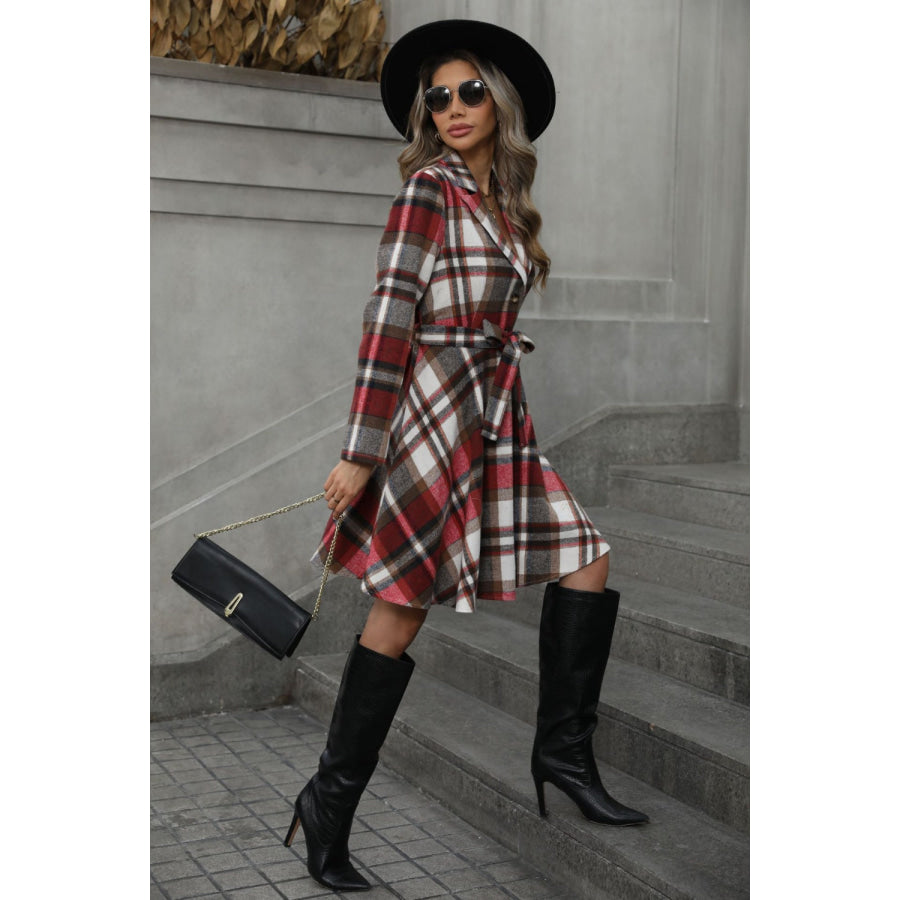 Plaid Tie Waist Long Sleeve Outerwear Apparel and Accessories