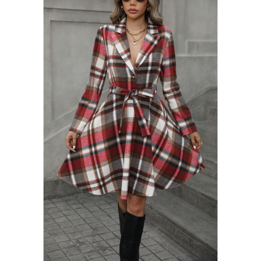 Plaid Tie Waist Long Sleeve Outerwear Apparel and Accessories