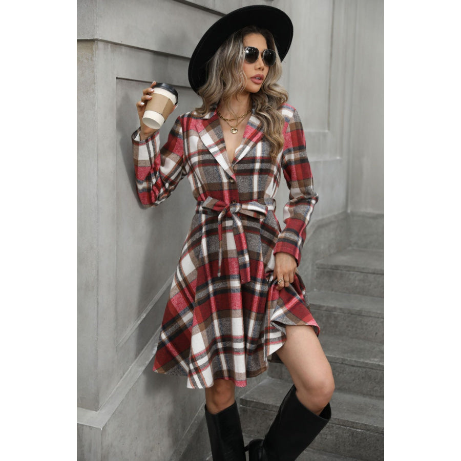 Plaid Tie Waist Long Sleeve Outerwear Deep Red / S Apparel and Accessories