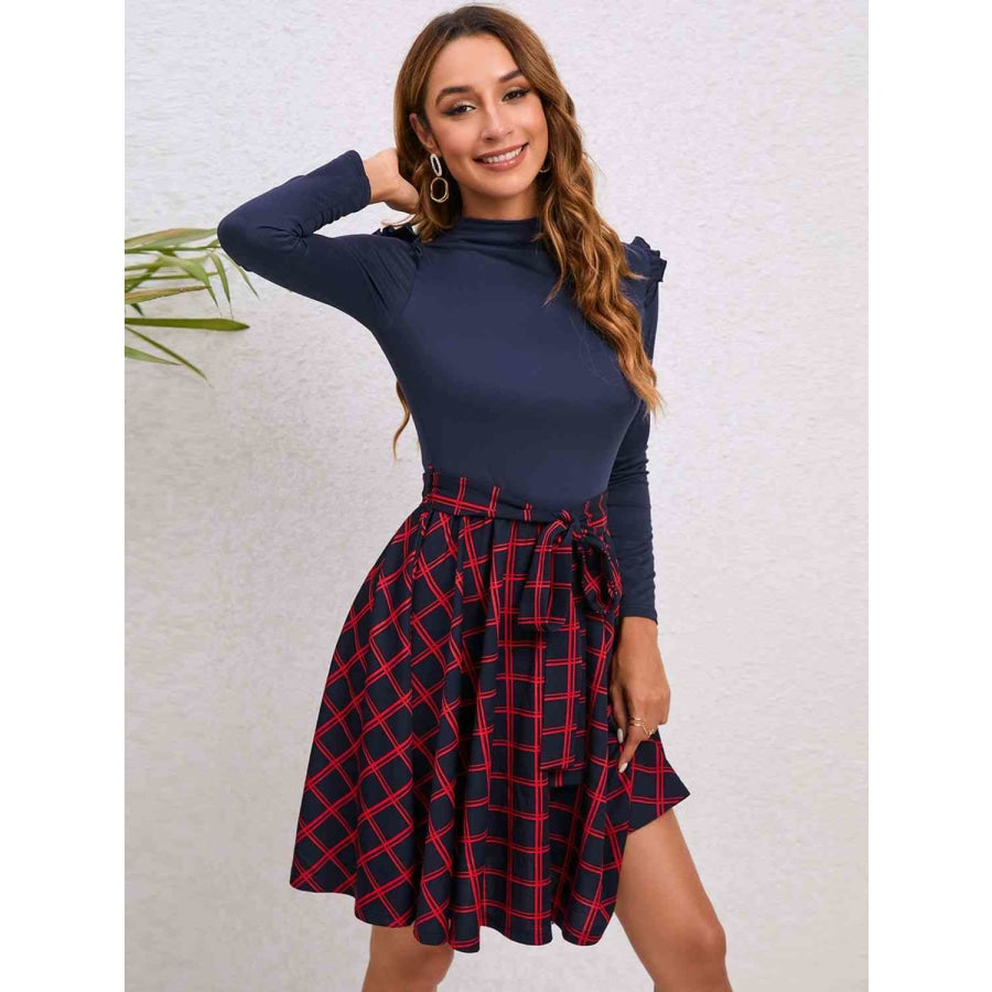 Plaid Tie Waist Ruffle Shoulder Dress Apparel and Accessories