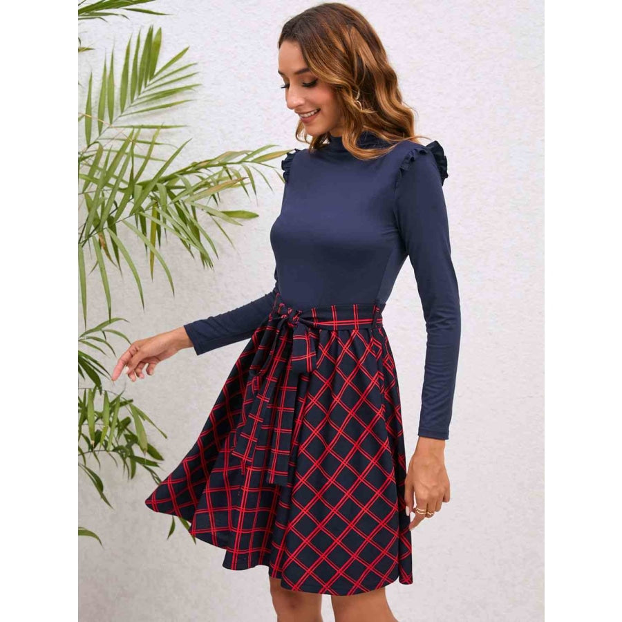 Plaid Tie Waist Ruffle Shoulder Dress Apparel and Accessories