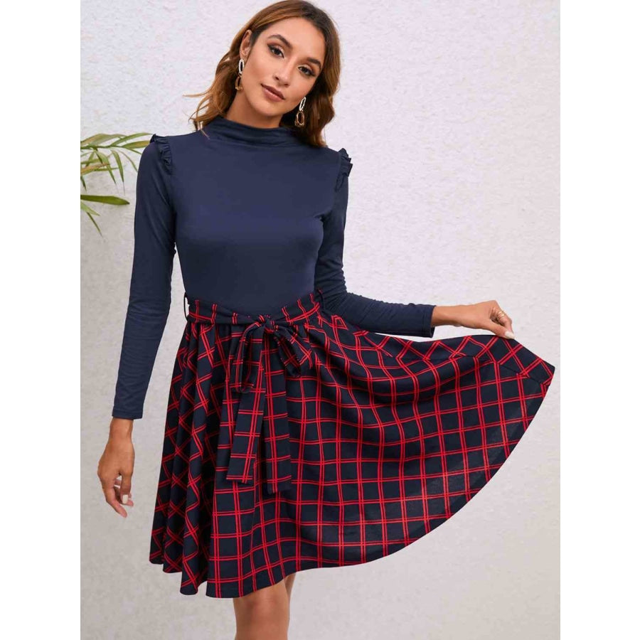 Plaid Tie Waist Ruffle Shoulder Dress Apparel and Accessories