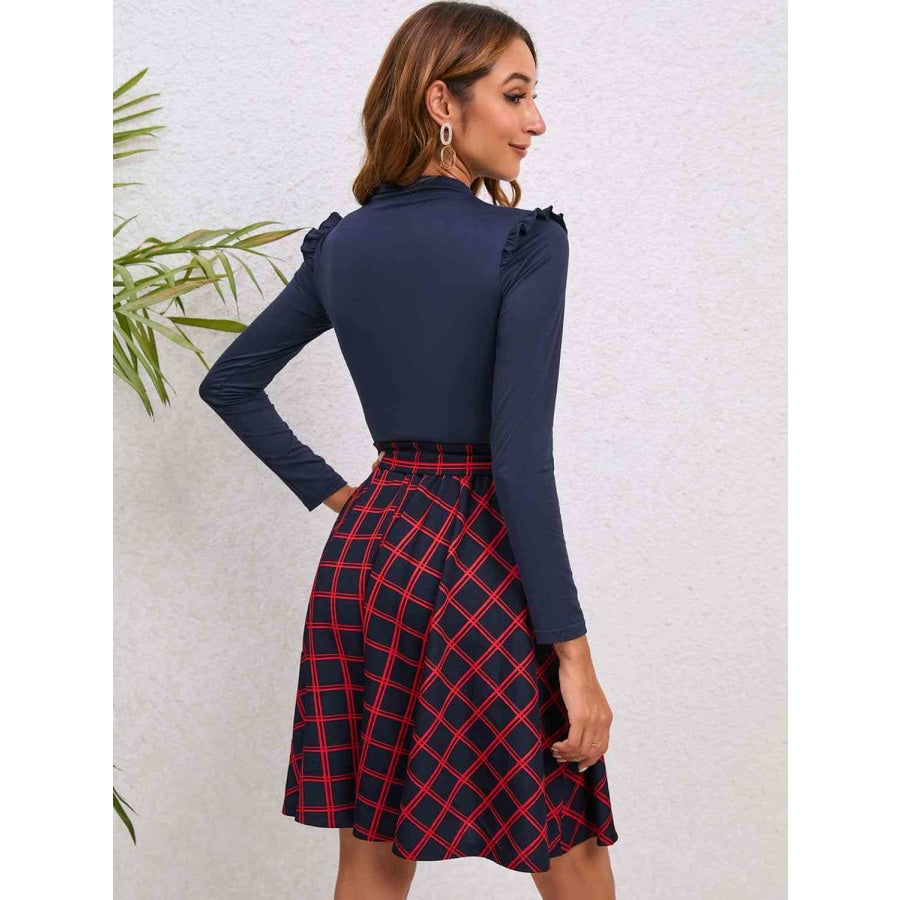 Plaid Tie Waist Ruffle Shoulder Dress Apparel and Accessories