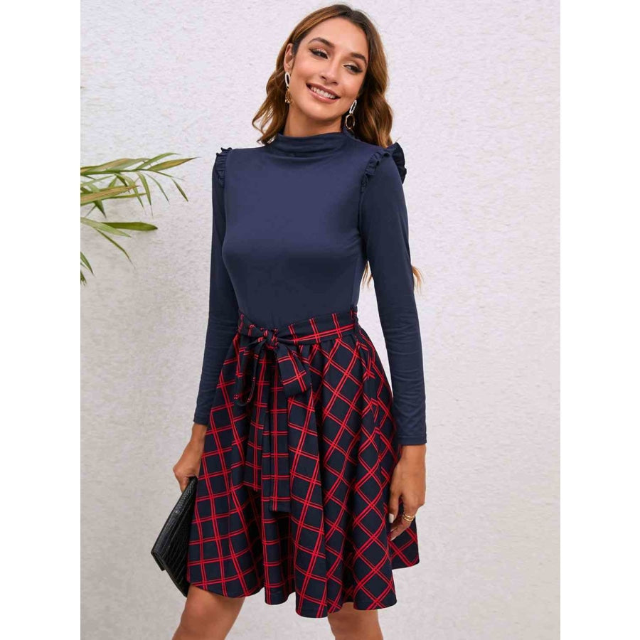 Plaid Tie Waist Ruffle Shoulder Dress Apparel and Accessories