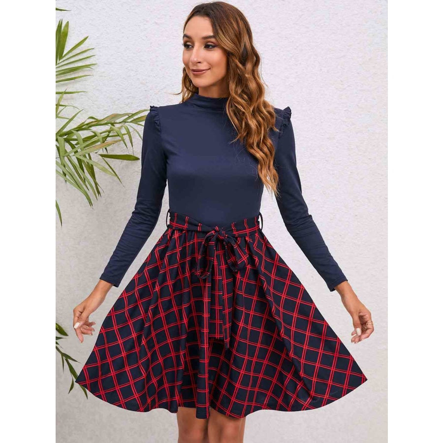 Plaid Tie Waist Ruffle Shoulder Dress Navy / S Apparel and Accessories