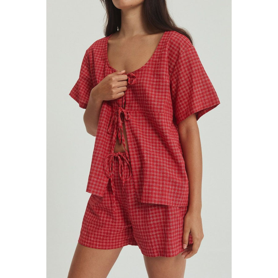 Plaid Tied Scoop Neck Short Sleeve Top and Drawstring Shorts Set Apparel and Accessories