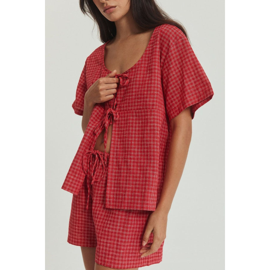 Plaid Tied Scoop Neck Short Sleeve Top and Drawstring Shorts Set Apparel and Accessories