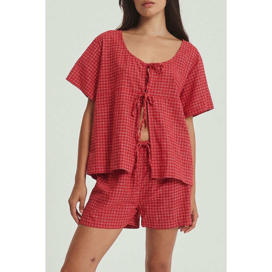 Plaid Tied Scoop Neck Short Sleeve Top and Drawstring Shorts Set Apparel and Accessories