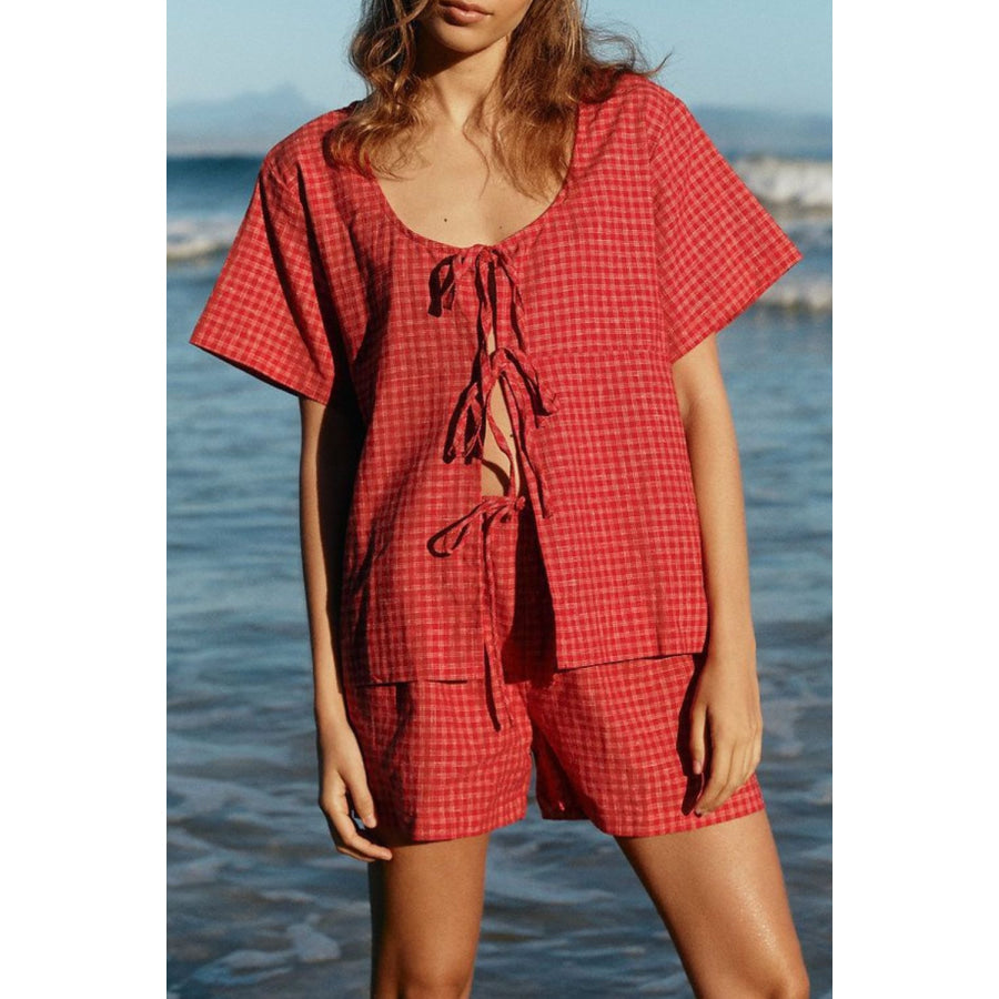 Plaid Tied Scoop Neck Short Sleeve Top and Drawstring Shorts Set Apparel and Accessories