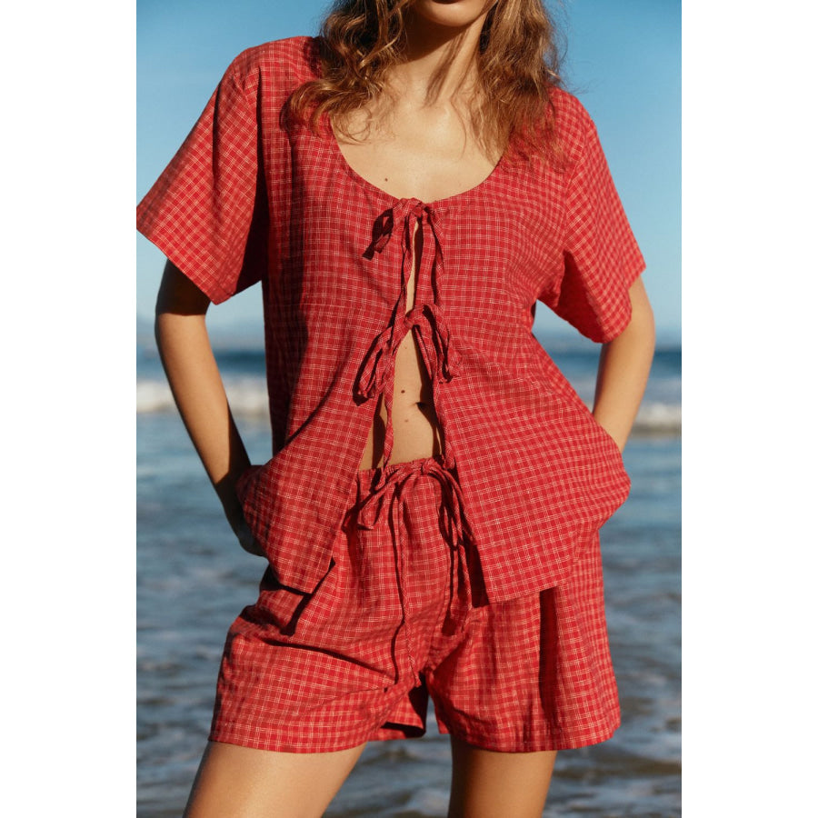 Plaid Tied Scoop Neck Short Sleeve Top and Drawstring Shorts Set Deep Red / S Apparel and Accessories