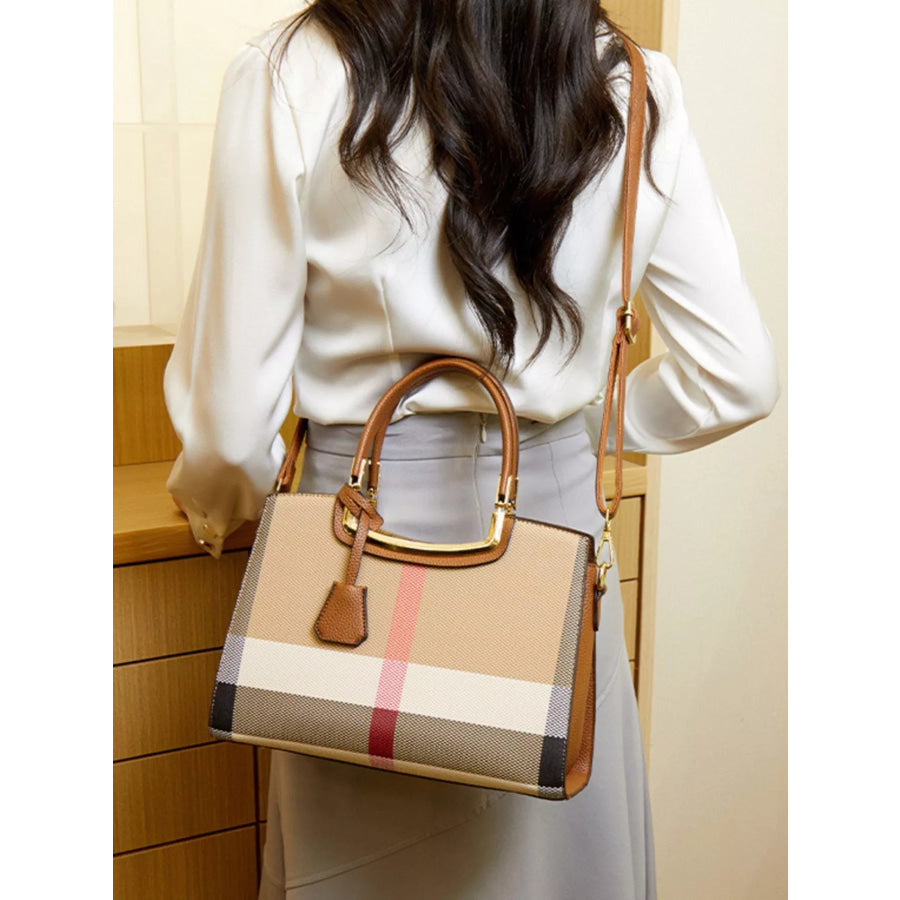 Plaid Top Handle Handbag Tan / onesize Apparel and Accessories
