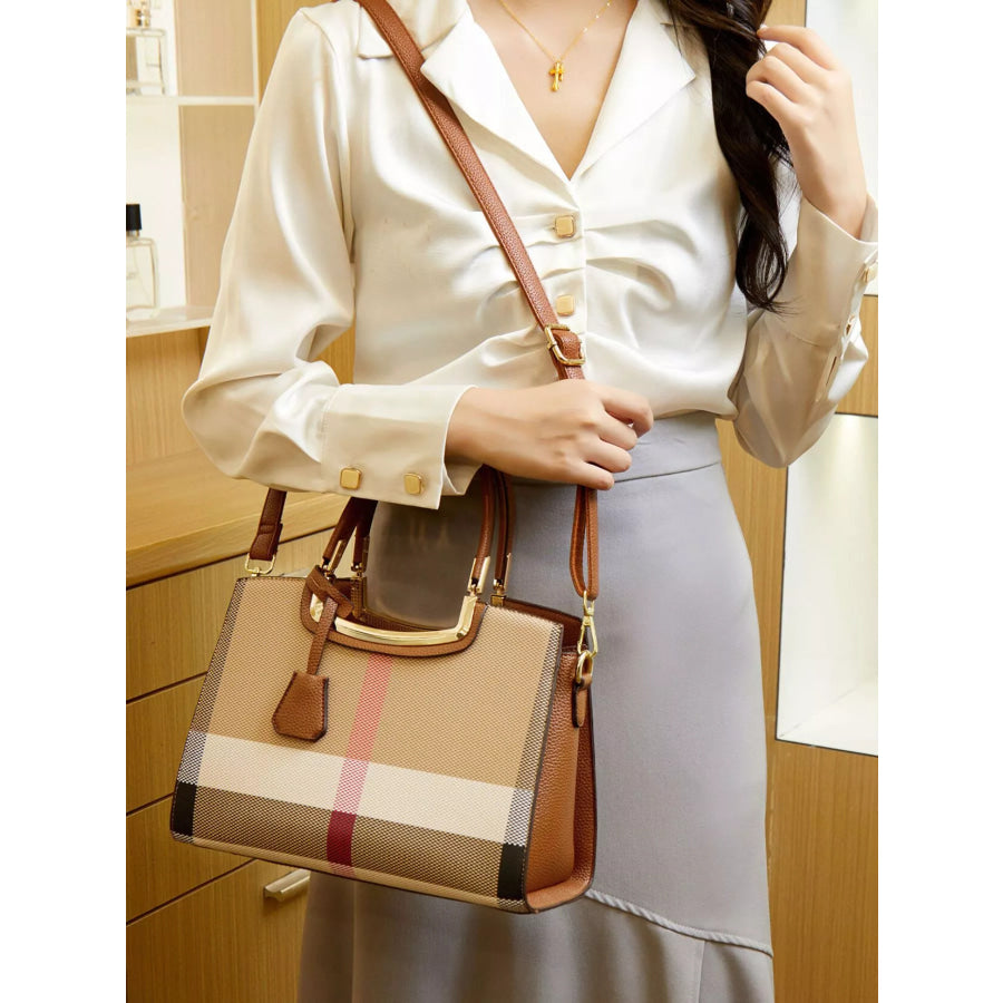 Plaid Top Handle Handbag Tan / onesize Apparel and Accessories