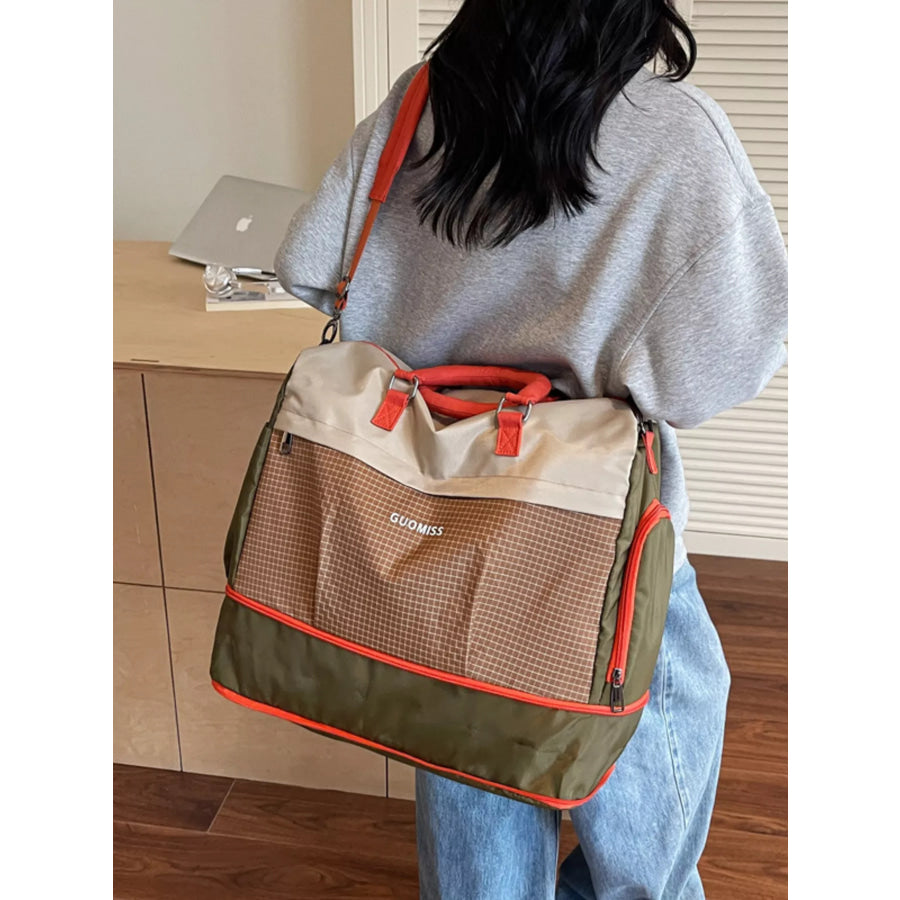 Plaid Travel Bag with Detachable Strap Brown / One Size Apparel and Accessories