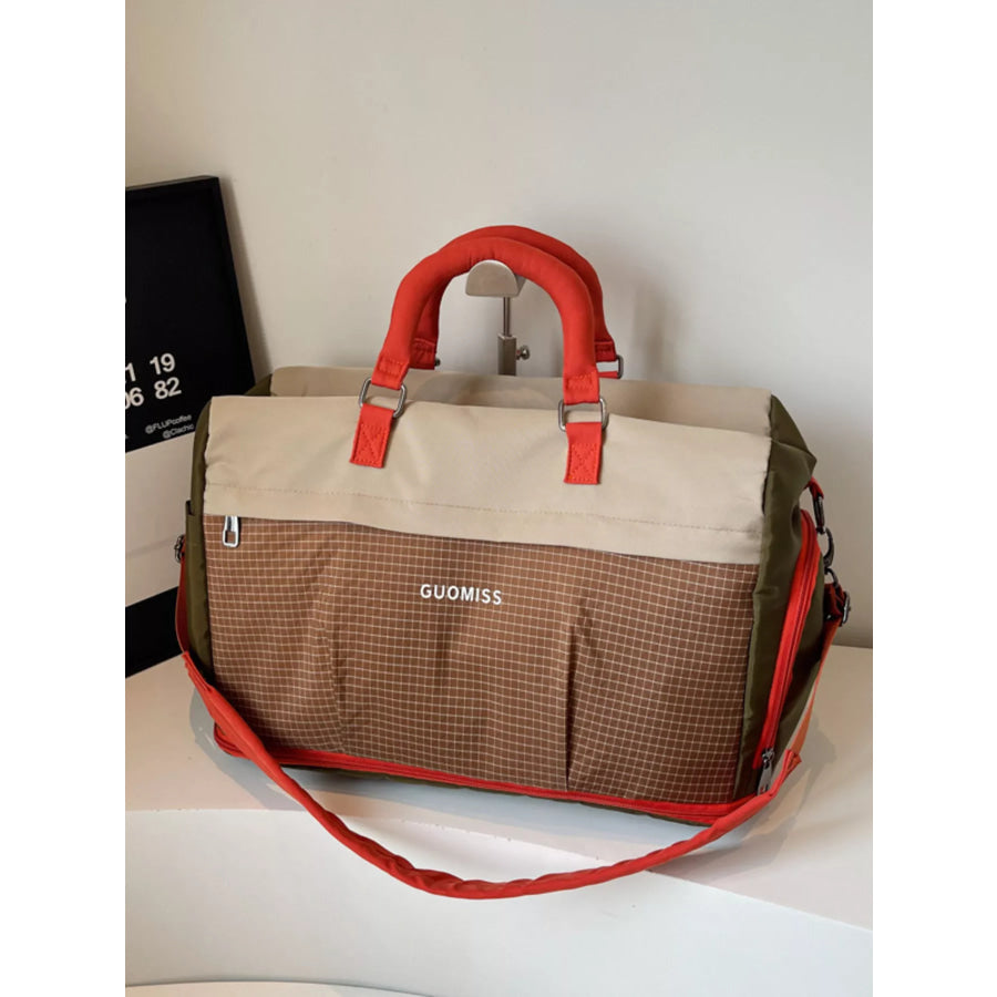 Plaid Travel Bag with Detachable Strap Brown / One Size Apparel and Accessories