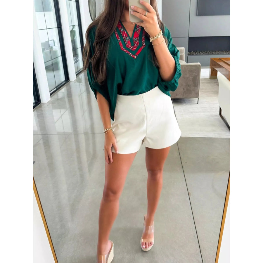 Plaid Trim Half Sleeve Blouse Apparel and Accessories