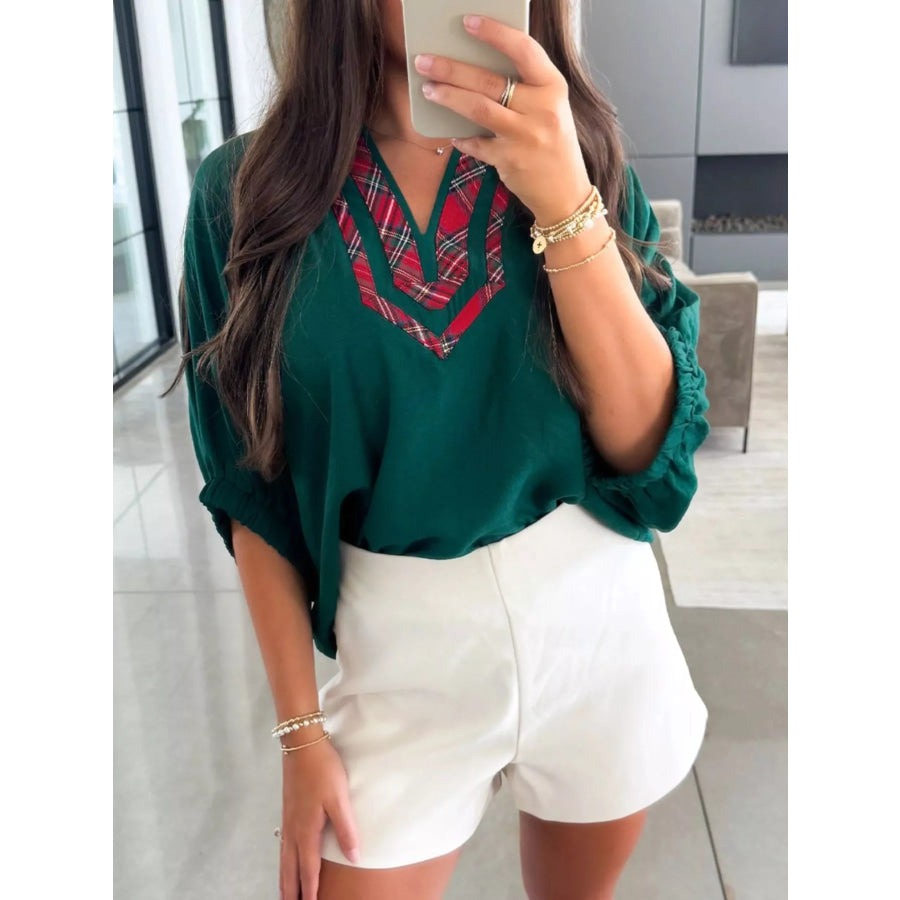 Plaid Trim Half Sleeve Blouse Apparel and Accessories