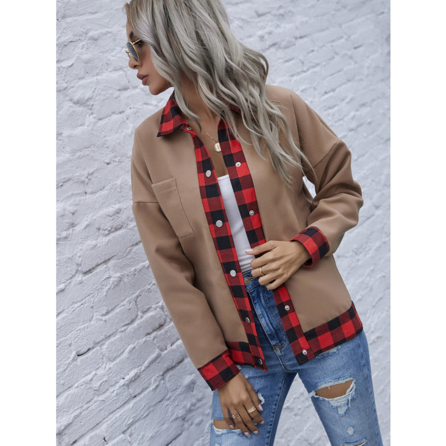 Plaid Trim Long Sleeve Jacket Apparel and Accessories