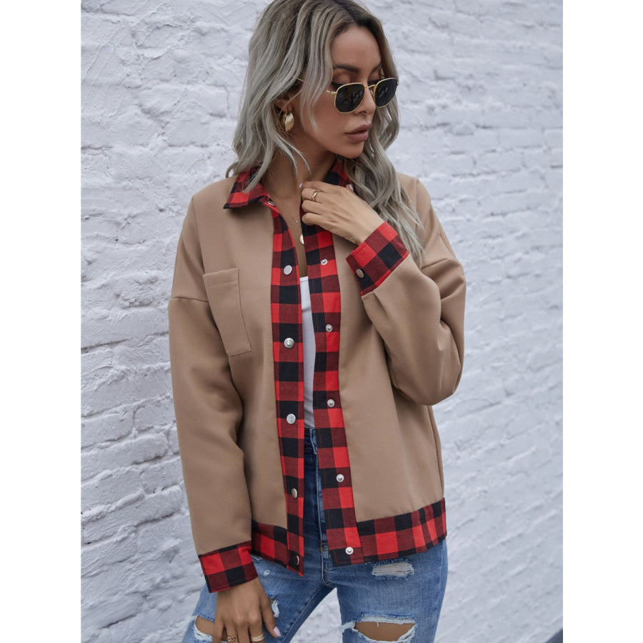 Plaid Trim Long Sleeve Jacket Taupe / S Apparel and Accessories