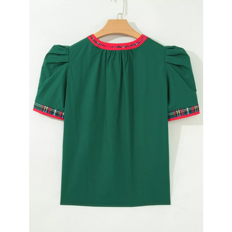 Plaid Trim V Neck Short Sleeve Shift Blouse Apparel and Accessories