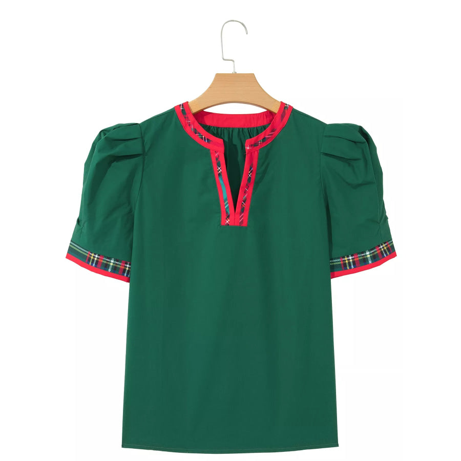 Plaid Trim V Neck Short Sleeve Shift Blouse Apparel and Accessories