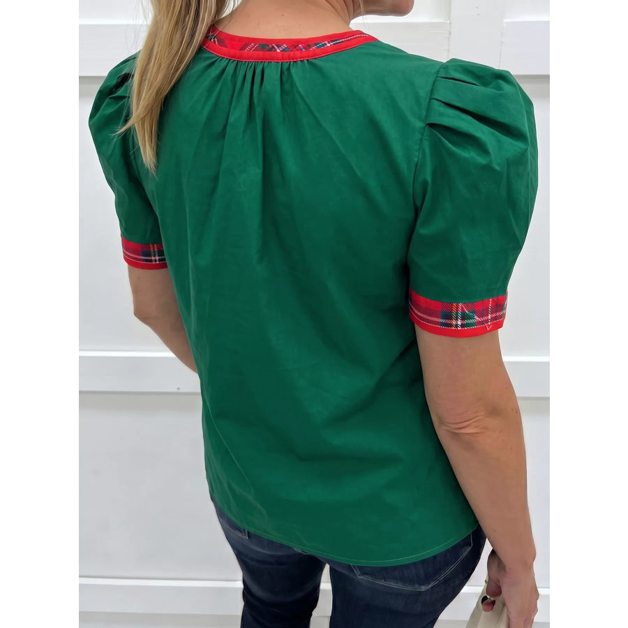 Plaid Trim V Neck Short Sleeve Shift Blouse Apparel and Accessories