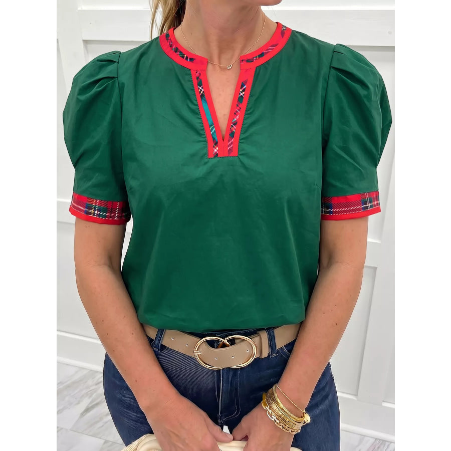 Plaid Trim V Neck Short Sleeve Shift Blouse Dark Green / S Apparel and Accessories
