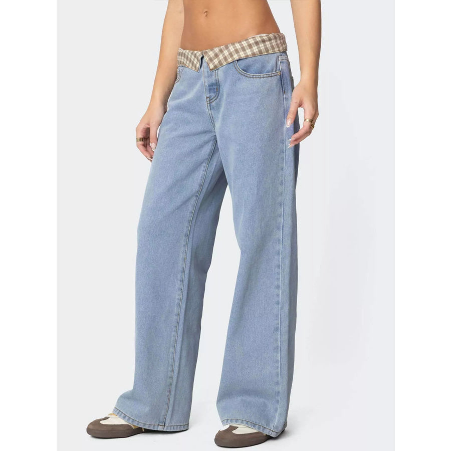 Plaid Trim Wide Leg Jeans Apparel and Accessories