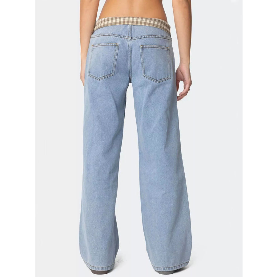 Plaid Trim Wide Leg Jeans Apparel and Accessories