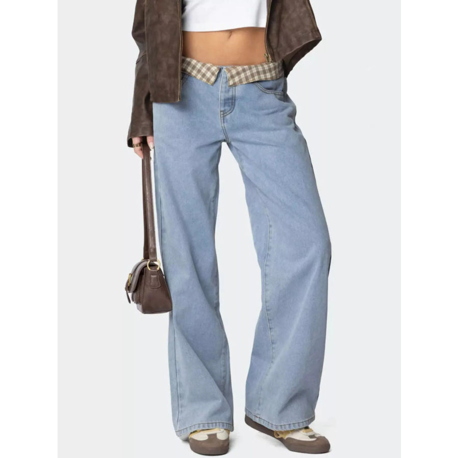 Plaid Trim Wide Leg Jeans Light Blue / S Apparel and Accessories