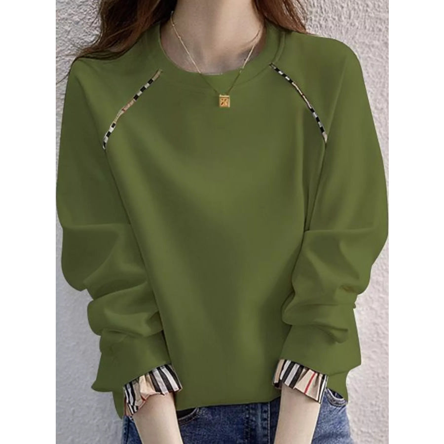 Plaid-Trimmed Crew Neck Sweatshirt Army Green-Plain / S Apparel and Accessories