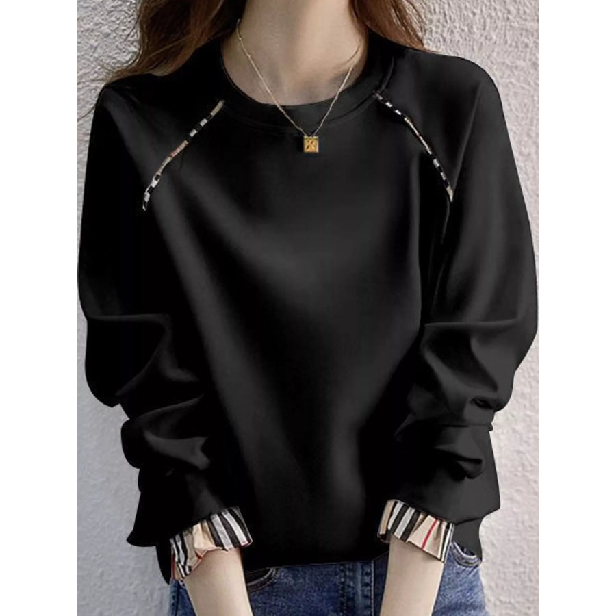 Plaid-Trimmed Crew Neck Sweatshirt Black-Plain / S Apparel and Accessories