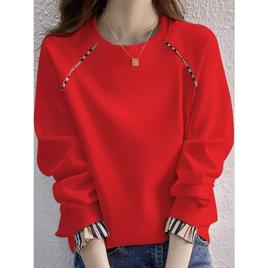 Plaid-Trimmed Crew Neck Sweatshirt Red-Plain / S Apparel and Accessories
