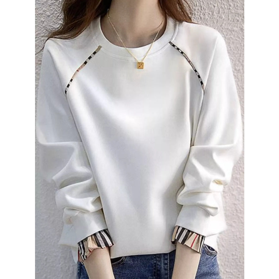 Plaid-Trimmed Crew Neck Sweatshirt White-Plain / S Apparel and Accessories