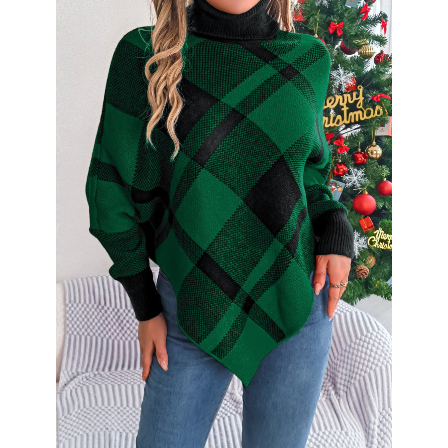 Plaid Turtleneck Batwing Sleeve Sweater Apparel and Accessories