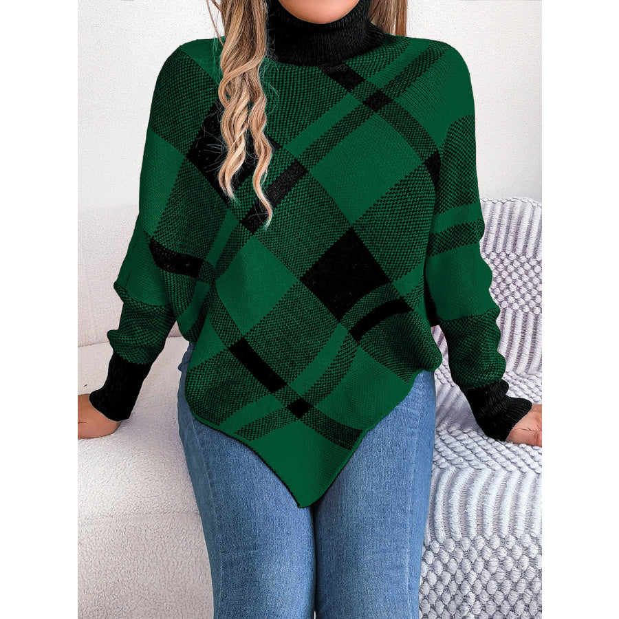 Plaid Turtleneck Batwing Sleeve Sweater Apparel and Accessories