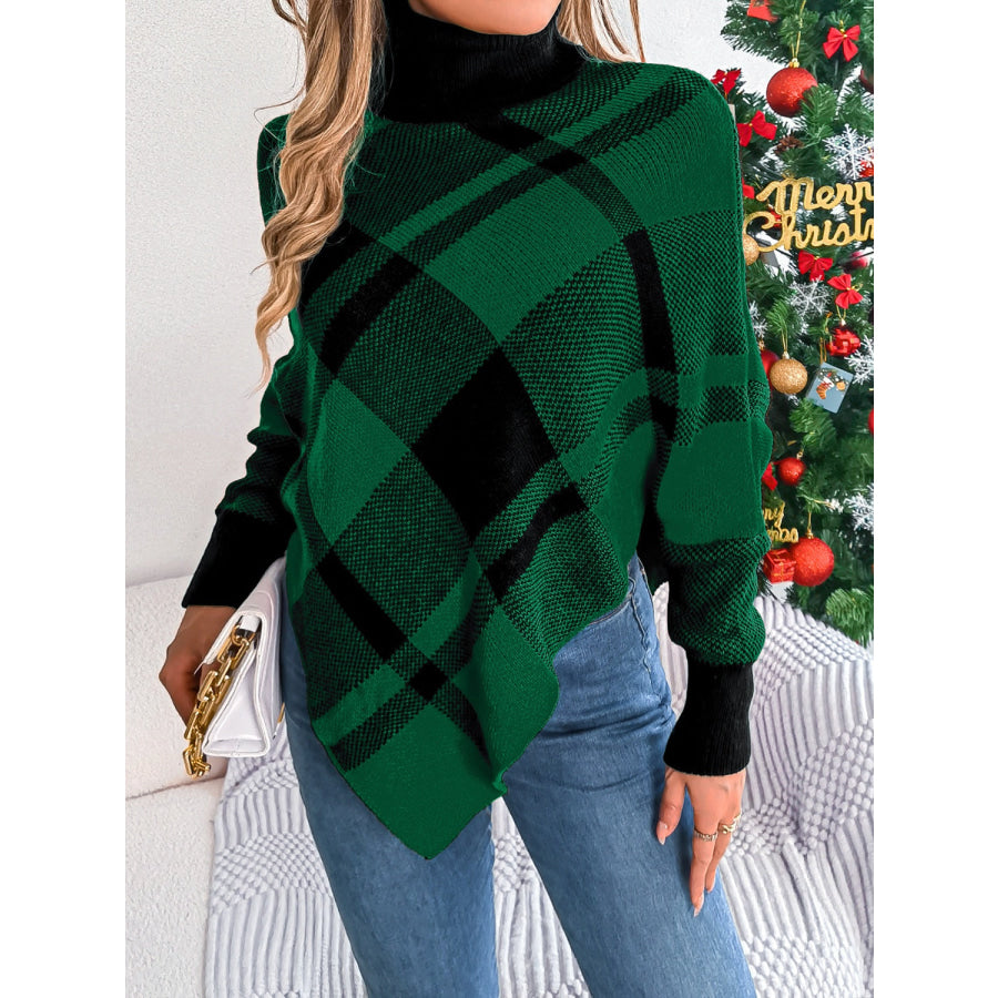 Plaid Turtleneck Batwing Sleeve Sweater Apparel and Accessories