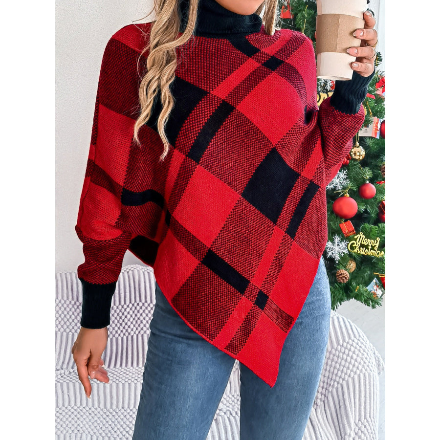 Plaid Turtleneck Batwing Sleeve Sweater Apparel and Accessories